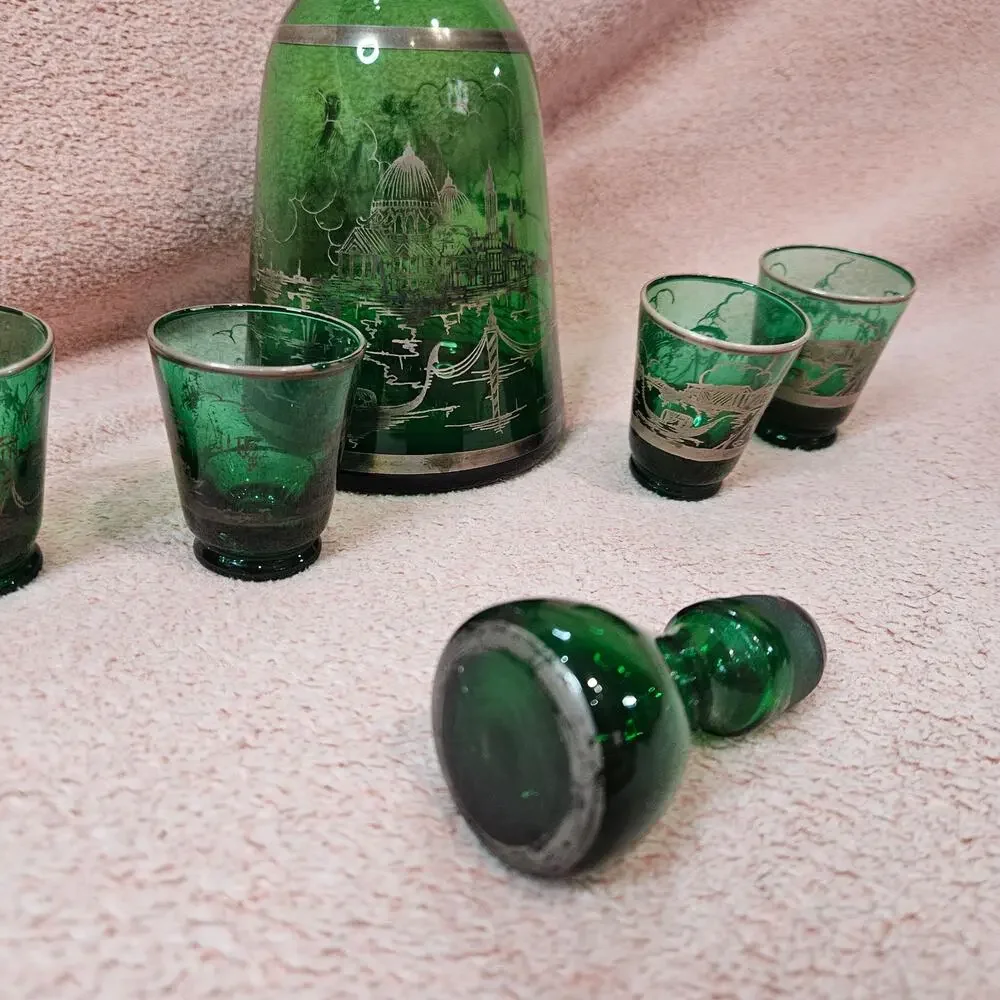 Vintage Venetian Emerald Green Glass Decanter Set w/ Silver Overlay & 4 Glasses
